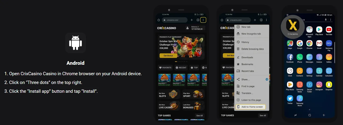 Crix Casino Android installatie