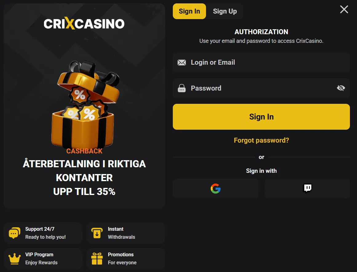CrixCasino login scherm